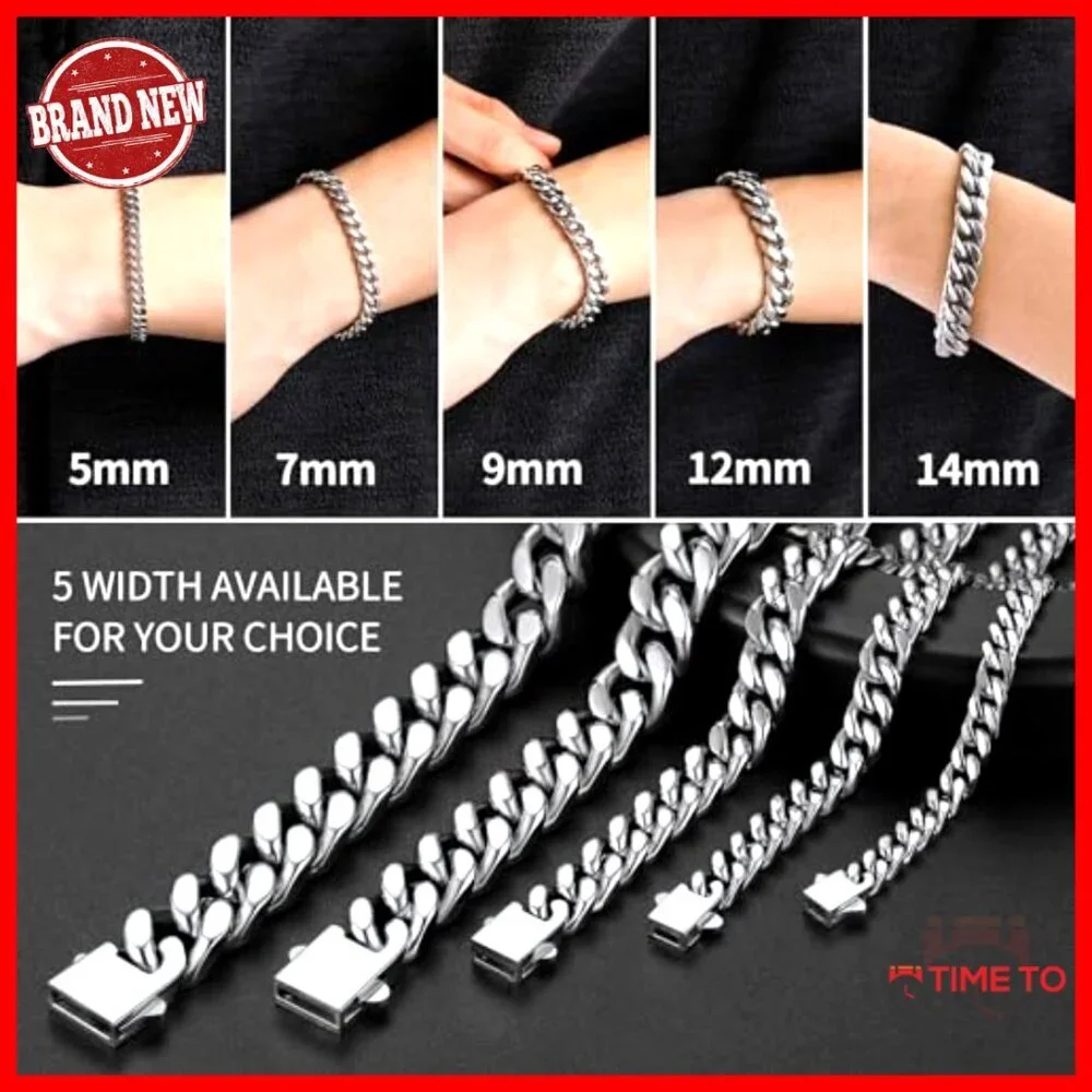 Stainless Steel Cuban Link Bracelet Men's 5mm 7mm 9mm 12mm Width Fold Over Clasp